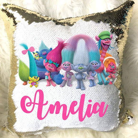 Imagen de Almohada mágica de lentejuelas con foto de dibujos animados con nombre personalizado en varios estilos