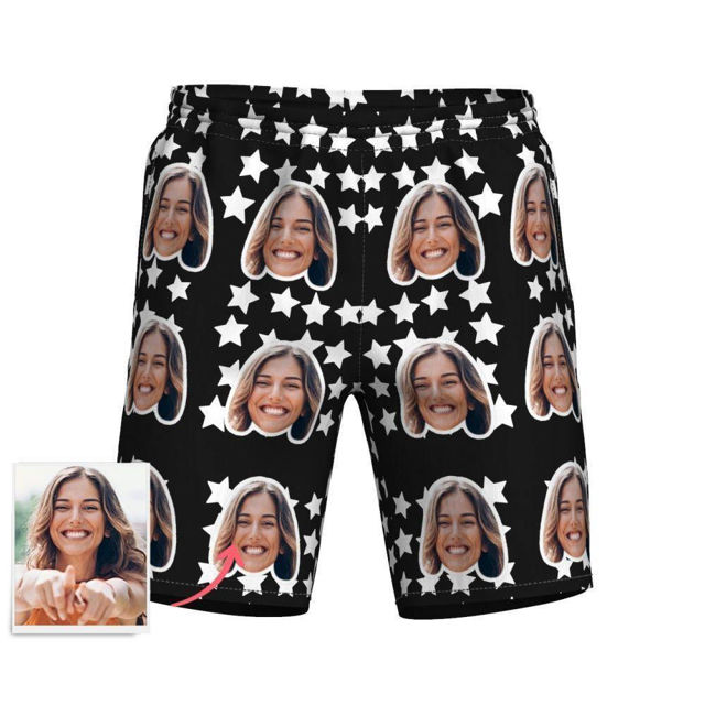 Picture of Custom Photo Face Men's Beach Pants - Personalized Face Copy Photo with Stars - Men's Mid-Length Hawaiian Beach Pants for Father, Boyfriend etc.