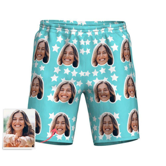 Imagen de Pantalones de playa para hombre con cara de foto personalizada - Foto de copia de cara personalizada con estrellas - Pantalones de playa hawaianos de longitud media para hombre para padre, novio, etc.
