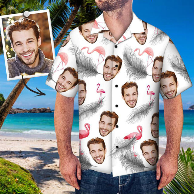 Picture of Custom Face Photo Hawaiian Shirt - Custom Face Shirt Men Hawaiian Shirt Flamingos & Feather - Beach Party T-Shirts as Holiday Gifts - Best Gifts