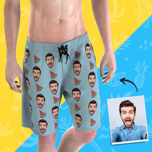 Imagen de Pantalón de playa para hombre con cara de foto personalizada: cara personalizada con sandía, bañador de secado rápido con múltiples caras, para regalo del día del padre o novio, etc.