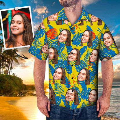 Picture of Custom Face Photo Hawaiian Shirt - Custom Men's Face Shirt All Over Print Leaves Hawaiian Shirt - Gift for Men - Beach Party T-Shirts as Holiday Gift