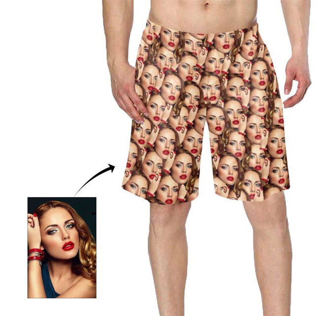 Picture of Custom Photo Face Men's Beach Pants-Personalized Mid-Length Beach Short-Multi Faces Quick Dry Swim Trunk, for Father's Day Gift or Boyfriend etc.