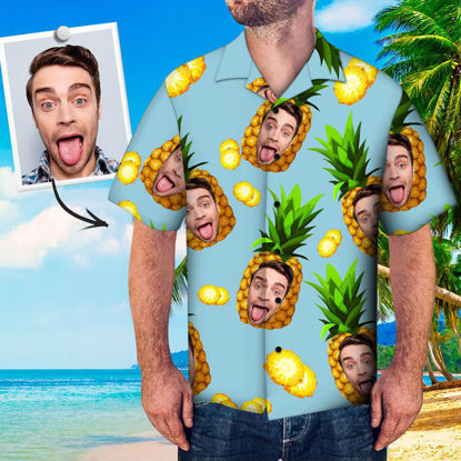 Image de Chemise hawaïenne personnalisée avec photo de visage - Chemise hawaïenne boutonnée décontractée à manches courtes pour hommes - Ananas - T-shirts de fête sur la plage comme cadeaux de vacances