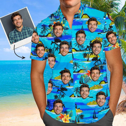 Immagine di Camicia hawaiana personalizzata con foto del viso - Personalizza la camicia hawaiana a maniche corte con bottoni sul viso - Camicia estiva da spiaggia stampata casual - I migliori regali per gli uomini