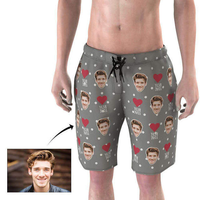 Picture of Custom Photo Face Men's Beach Pant - Personalize Heart Polka Dots Face Drawstring Beach Short Pants - Multi Faces Quick Dry Swim Trunk, for Father's Day Gift or Boyfriend etc.