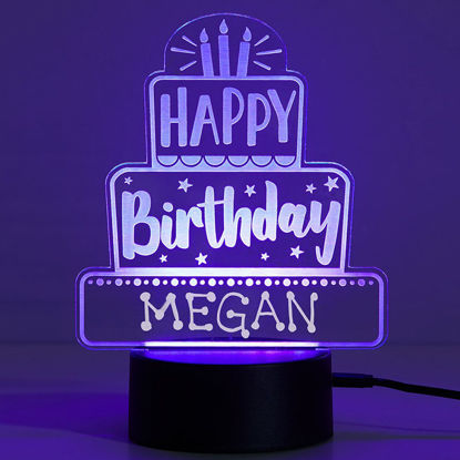 Image de Veilleuse avec nom personnalisé avec éclairage LED coloré - Veilleuse multicolore Happy Birthday Cake avec nom personnalisé