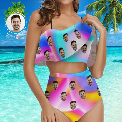 Immagine di Personalizza il vestito a due pezzi del bikini delle donne a vita alta del fronte della copia della foto