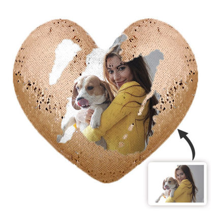 Immagine di Cuscino con paillettes a forma di cuore personalizzato con foto Comodo cuscino in raso Miglior regalo