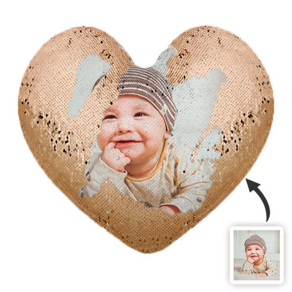 Imagen de Almohada de lentejuelas en forma de corazón personalizada con cojín de satén cómodo con foto, el mejor regalo