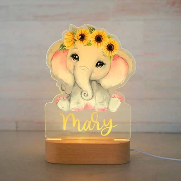 Bild von Benutzerdefiniertes Namensnachtlicht für Kinder – personalisiertes Cartoon-Sonnenblumen-Elefanten-Nachtlicht mit LED-Beleuchtung für Kinder – personalisiert mit dem Namen Ihres Kindes