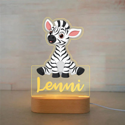 Immagine di Luce notturna con nome personalizzato per bambini - Luce notturna personalizzata con zebra di cartone animato con illuminazione a LED per bambini - Personalizzala con il nome del tuo bambino