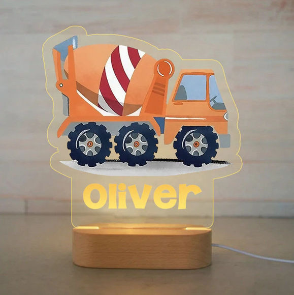 Imagen de Luz de noche con nombre personalizado para niños - Luz de noche de camión de cemento de dibujos animados personalizada con iluminación LED para niños - Personalizada con el nombre de su hijo