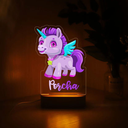 Bild von Luce notturna con nome personalizzato per bambini - Luce notturna personalizzata con unicorno a forma di cartone animato con illuminazione a LED per bambini - Personalizzala con il nome del tuo bambino