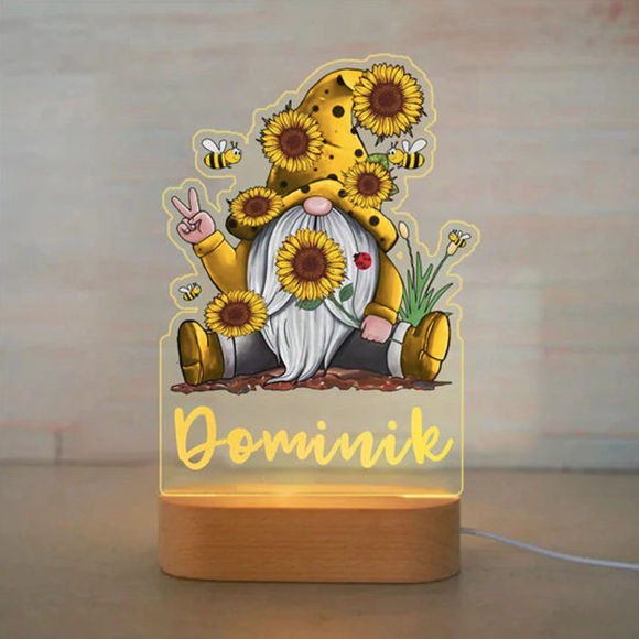 Picture of Custom Name Night Light for Kids - Personalized Cartoon Sunflowers & Gnomes Night Light with LED Lighting for Children - Personalized It With Your Kid's Name