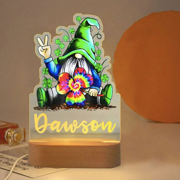 Bild von Benutzerdefiniertes Namensnachtlicht für Kinder – Personalisiertes Cartoon Lucky Clovers & Gnomes Nachtlicht mit LED-Beleuchtung für Kinder – Personalisiert mit dem Namen Ihres Kindes