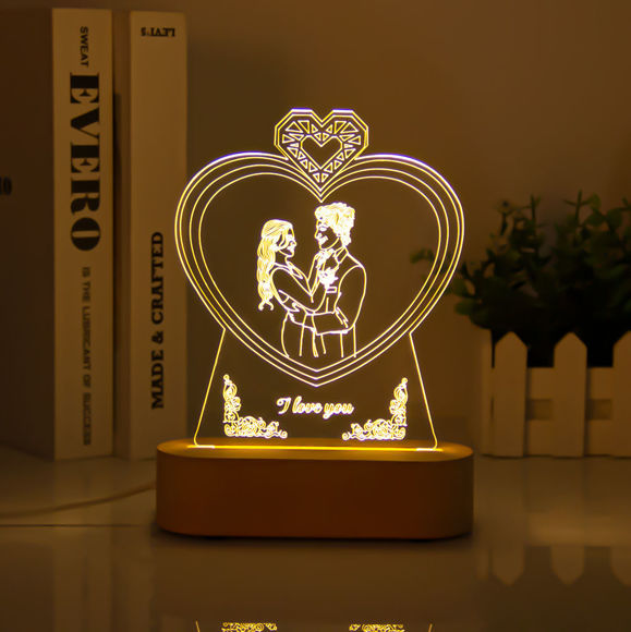 Imagen de Base de madera personalizada con forma de corazón, boceto de luz nocturna con foto personalizada, regalo de aniversario, regalo del Día de San Valentín