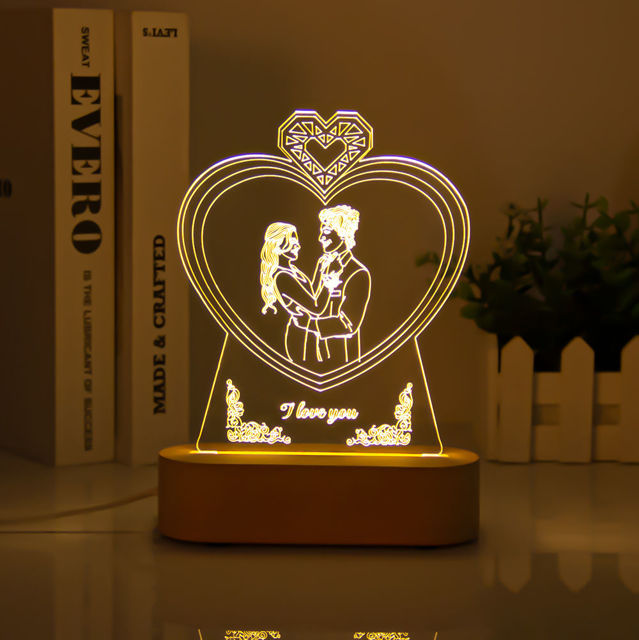 Picture of Custom Wooden Base Heart Shape Sketch Night Light With Personalized Photo Anniversary Gift Valentine's Day Gift