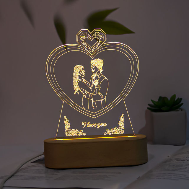 Picture of Custom Wooden Base Heart Shape Sketch Night Light With Personalized Photo Anniversary Gift Valentine's Day Gift