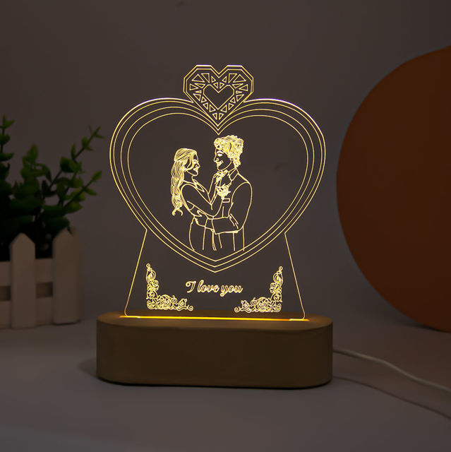 Picture of Custom Wooden Base Heart Shape Sketch Night Light With Personalized Photo Anniversary Gift Valentine's Day Gift