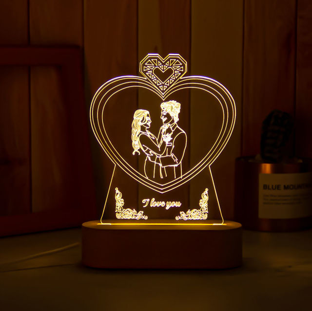 Picture of Custom Wooden Base Heart Shape Sketch Night Light With Personalized Photo Anniversary Gift Valentine's Day Gift