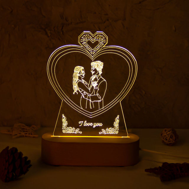 Picture of Custom Wooden Base Heart Shape Sketch Night Light With Personalized Photo Anniversary Gift Valentine's Day Gift