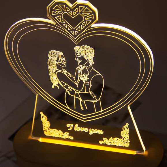 Picture of Custom Wooden Base Heart Shape Sketch Night Light With Personalized Photo Anniversary Gift Valentine's Day Gift
