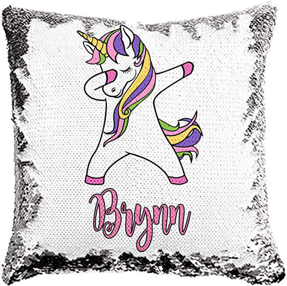 Immagine di Cuscino personalizzato con paillettes con foto magica di unicorno adorabile - Cuscino con nome personalizzato