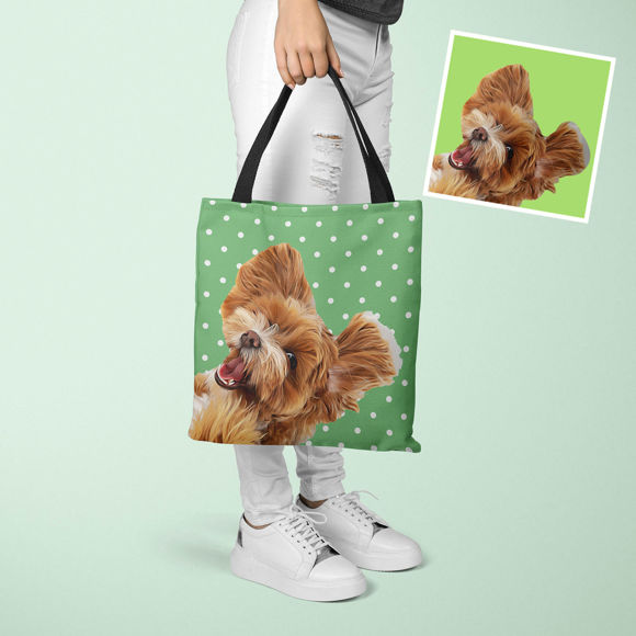 Immagine di Borsa tote personalizzata per foto della parte superiore del corpo per animali domestici Piccoli elementi a pois con colore di sfondo personalizzato