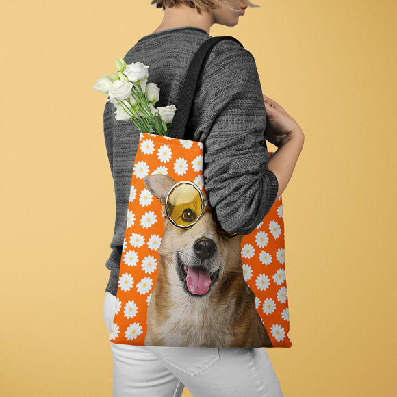 Bild von Angepasste Haustier-Oberkörper-Foto-Einkaufstasche Gänseblümchen-Elemente mit personalisierter Hintergrundfarbe