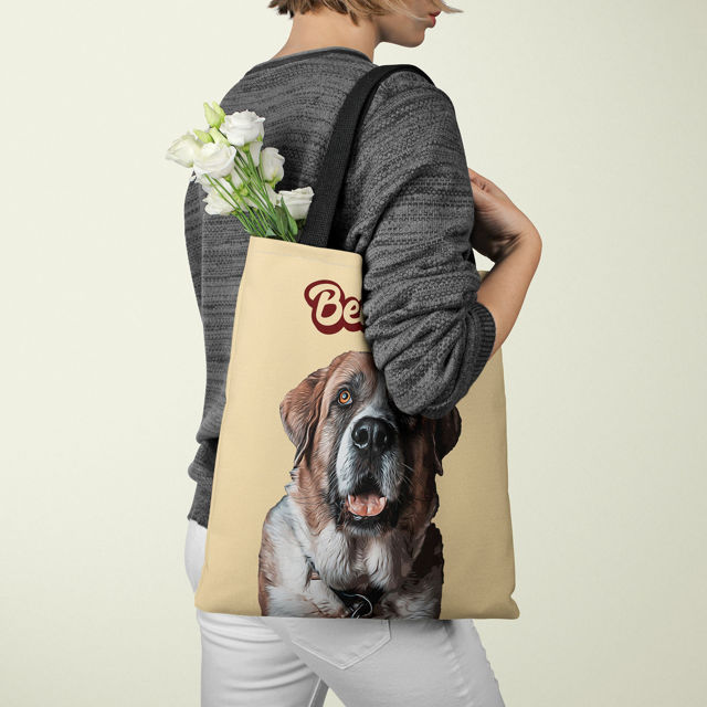 Picture of Customized Pet Upper-body Photo Tote Bag Personalized WordArt Name And Background Color