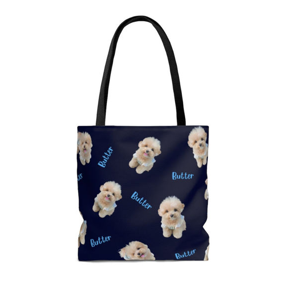 Bild von Personalisierte doppelte Foto-Einkaufstasche für Haustiere mit personalisiertem Namen und Hintergrundfarbe