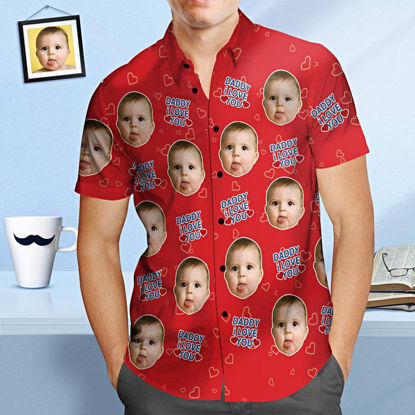 Immagine di Camicia hawaiana personalizzata con foto del viso - Camicia hawaiana con stampa all over da uomo personalizzata - Papà ti amo - Magliette per feste in spiaggia come regali per la festa del papà