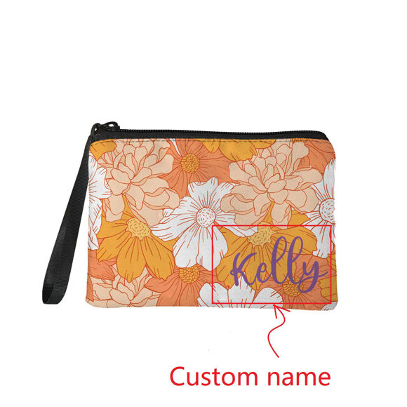 Imagen de Monedero portátil con flores naranjas personalizadas, monedero con nombre personalizado, regalos personalizados