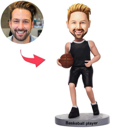 Imagen de Bobbleheads personalizados: jugador de baloncesto regateando con uniforme negro | Bobbleheads personalizados para alguien especial como idea de regalo única