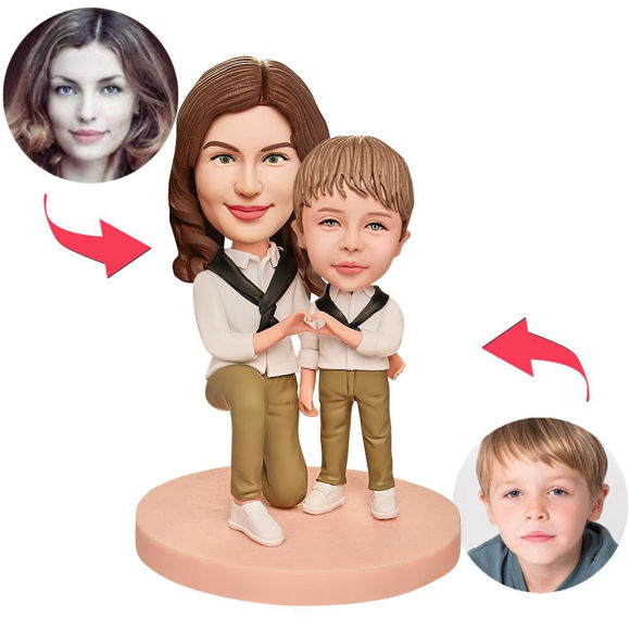 Picture of Custom Bobbleheads: Mother and Son Make a Heart Bobbleheads | Personalized Bobbleheads for the Special Someone as a Unique Gift Idea