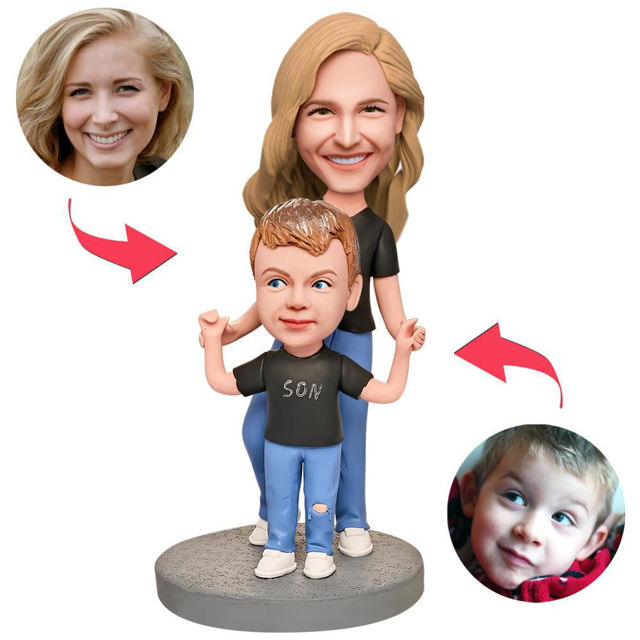 Picture of Custom Bobbleheads: Mother and Son in Black Shirts Bobbleheads | Personalized Bobbleheads for the Special Someone as a Unique Gift Idea