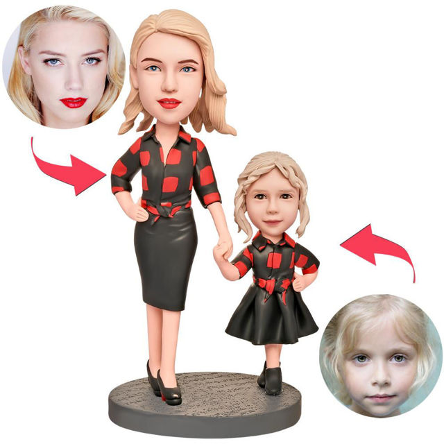 Picture of Custom Bobbleheads: Mothers Day Gift Mother and daughter in Plaid Bobbleheads | Personalized Bobbleheads for the Special Someone as a Unique Gift Idea