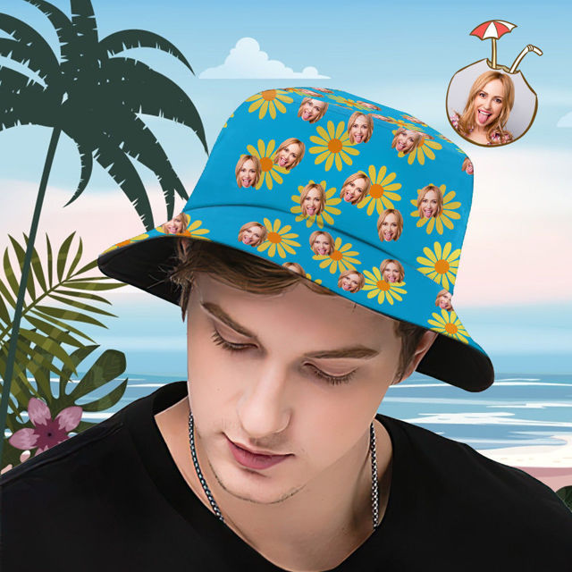 Picture of Custom Bucket Hat Personalized Face All Over Print Tropical Flower Print Hawaiian Fisherman Hat - Yellow Flowers