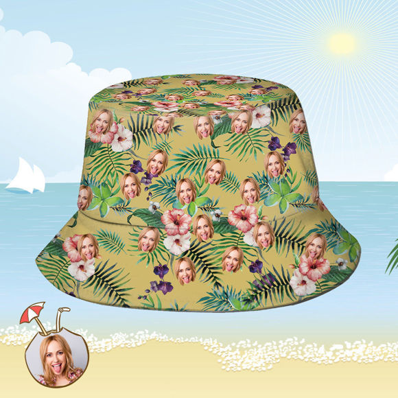 Imagen de Sombrero de cubo personalizado Cara personalizada Estampado de flores tropicales Sombrero de pescador hawaiano - Amarillo