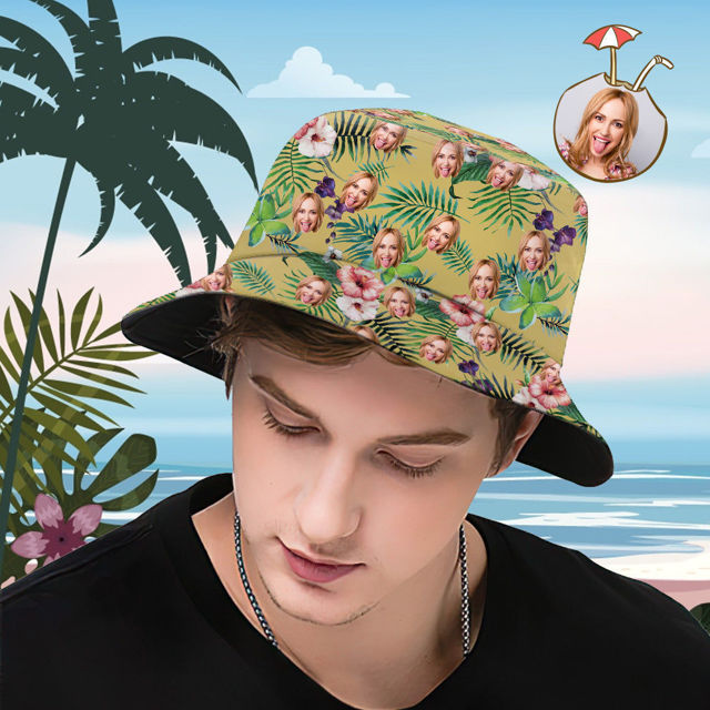 Picture of Custom Bucket Hat Personalized Face All Over Print Tropical Flower Print Hawaiian Fisherman Hat - Yellow