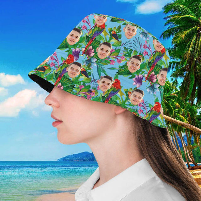 Picture of Custom Face Hat Tropical Flower Print Hawaiian Fisherman Hat Bucket Hat