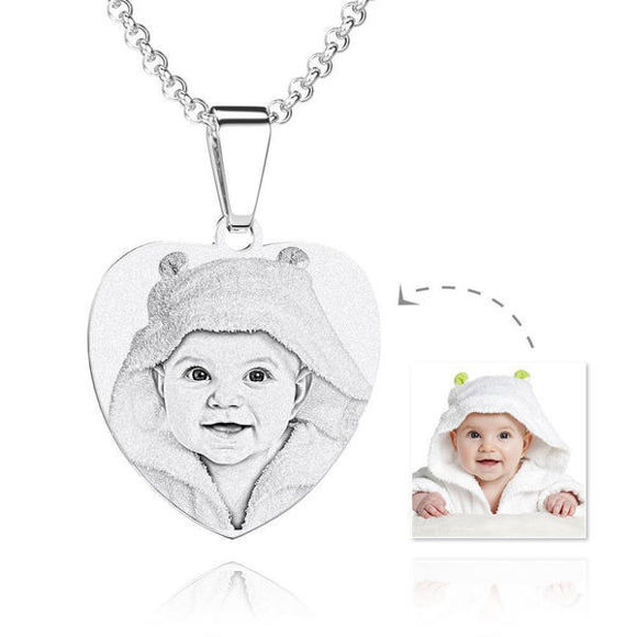 Picture of 925 Sterling Silver Personalized Christmas Gifts Heart Photo Engraved Tag Necklace