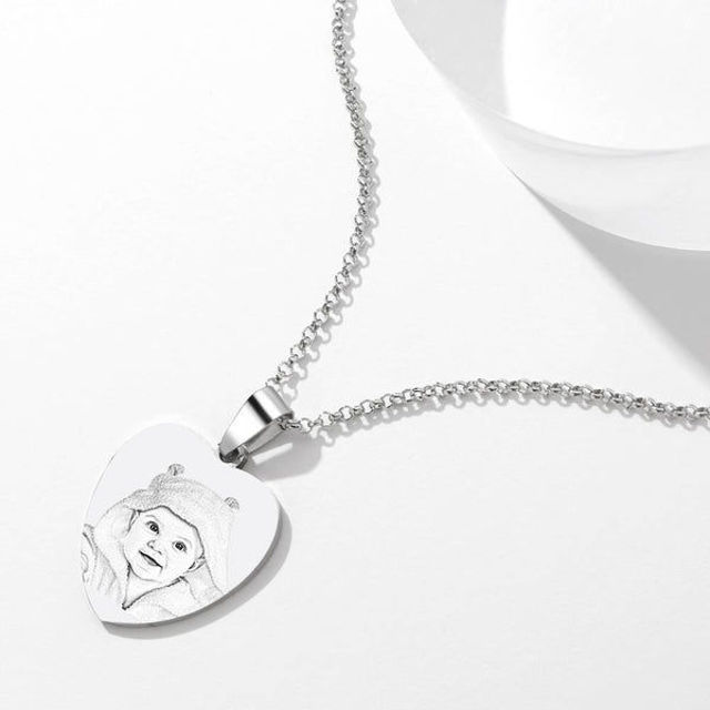 Picture of 925 Sterling Silver Personalized Christmas Gifts Heart Photo Engraved Tag Necklace