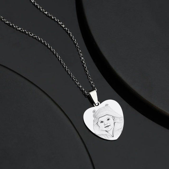 Picture of 925 Sterling Silver Personalized Christmas Gifts Heart Photo Engraved Tag Necklace