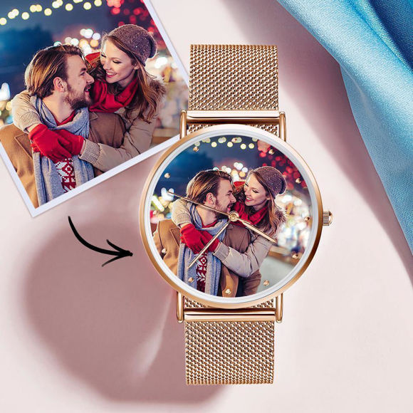 Imagen de Reloj personalizado con foto de pulsera de oro rosa grabado