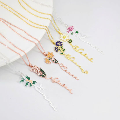 Bild von 925 Sterling Silber Personalisierte bunte Geburt Blumenanhänger Namenskette