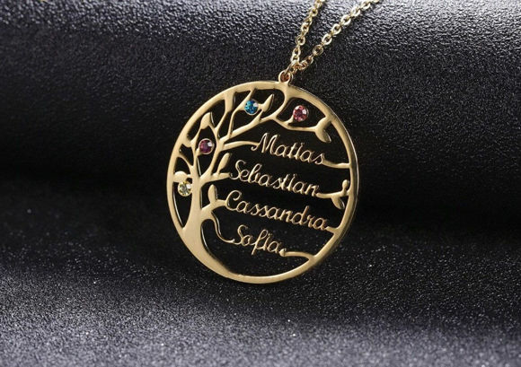 Imagen de Collar personalizado con el nombre de la familia y la piedra de nacimiento del árbol de la vida en plata de ley 925