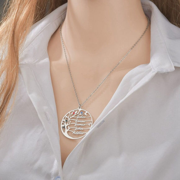 Imagen de Collar personalizado con el nombre de la familia y la piedra de nacimiento del árbol de la vida en plata de ley 925