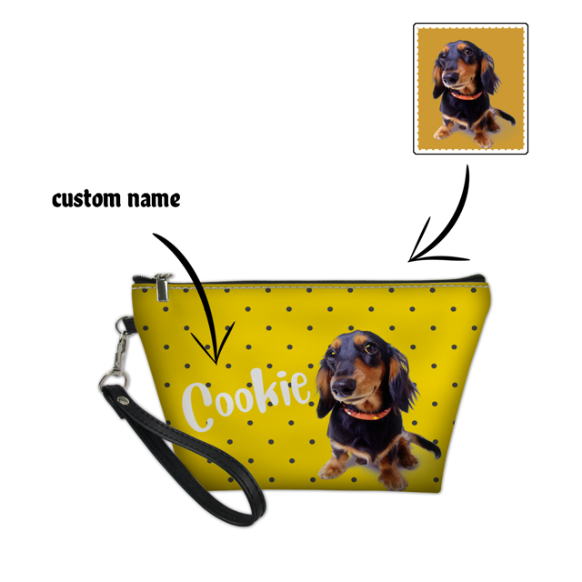 Picture of Custom Puppy Photo Portable Cosmetic Bag Personalized Pet Photo Make Up Bag Personalized Pet Photo And Name With Dots Element Personalized Gifts For Pet Lovers